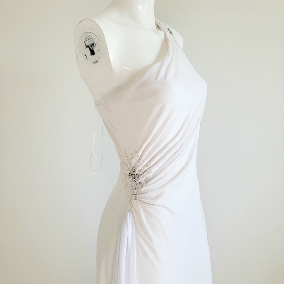Nude White One Shoulder Crystal Sequin Evening Wedding Prom Bridal Gown Sz 8 - Picture 4 of 16